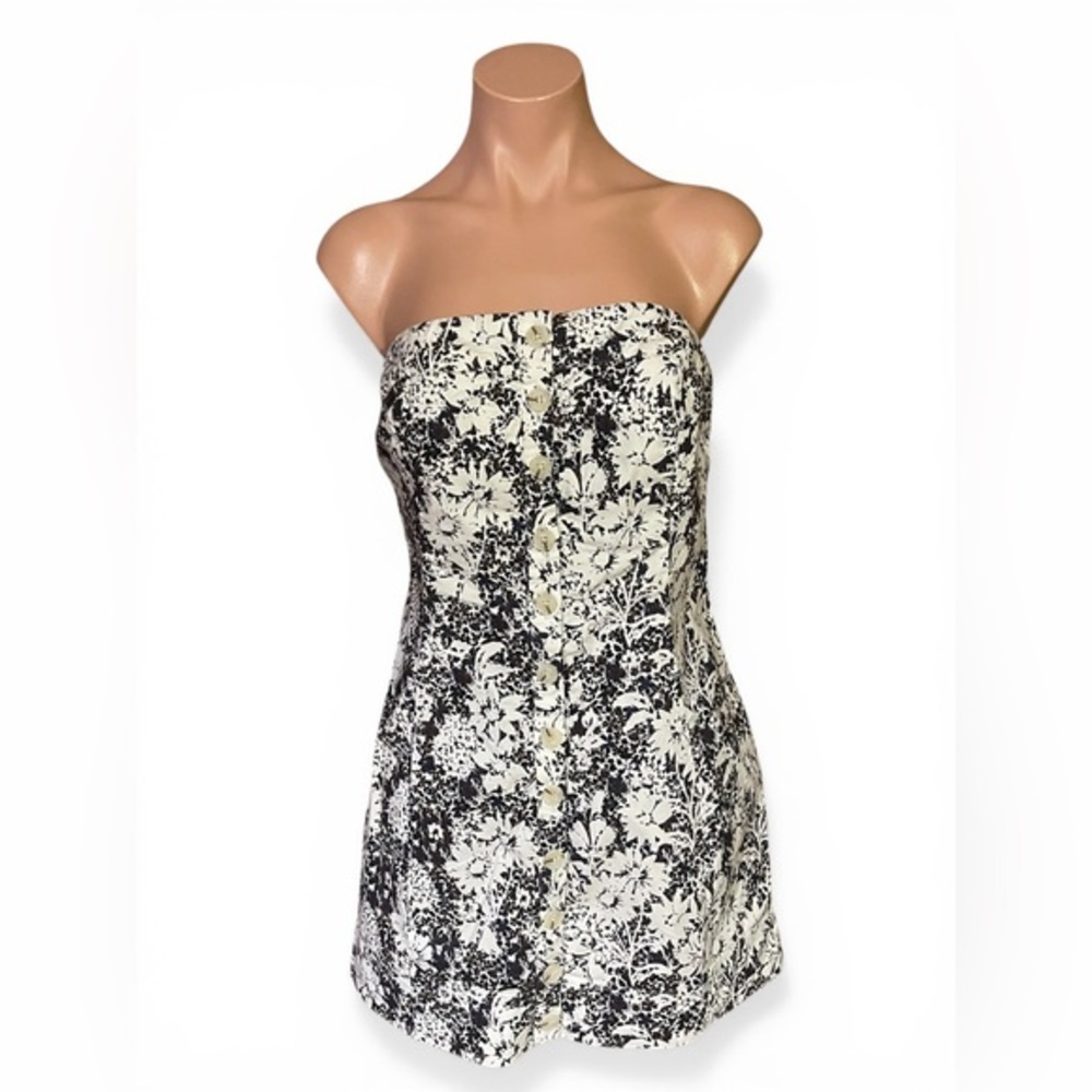 Free People M Tomas Floral Strapless Button Front Mini Dress Black White NWT